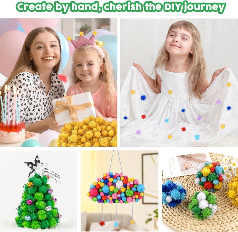 NACHLYNN 1000 Glitter Pom Poms Bulk 4 Sizes Assorted Soft Fluffy Pom Poms for Crafts DlY Decorations Activities with A Storage Bag (Green) - Image 5